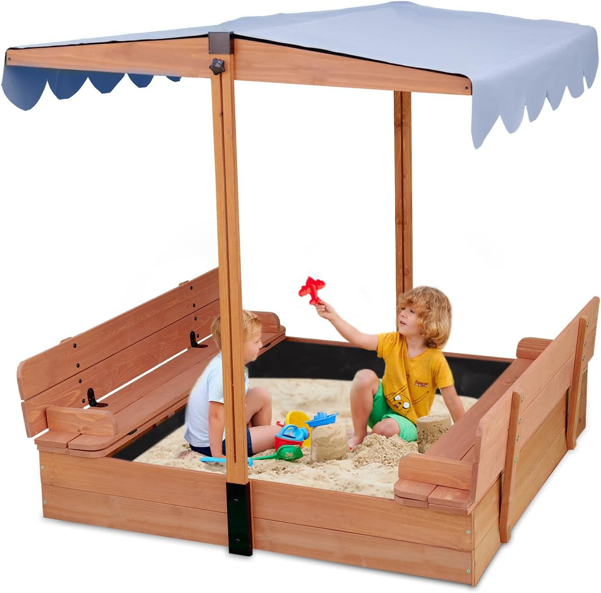 FunXplore wooden kids sandbox with lid and gray canopy view
