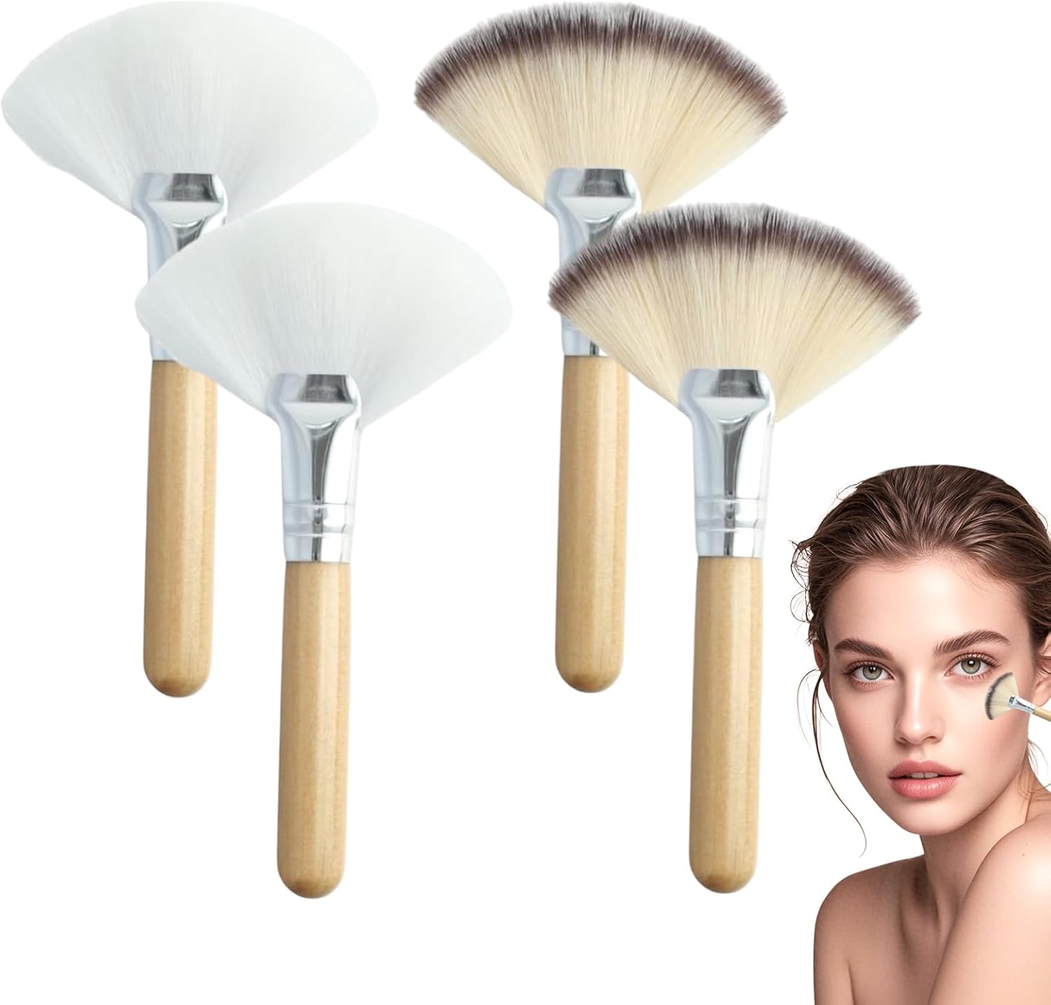 ROBOHOOK 4 piece fluffy facial fan brushes front view showing white and tricolor bristles