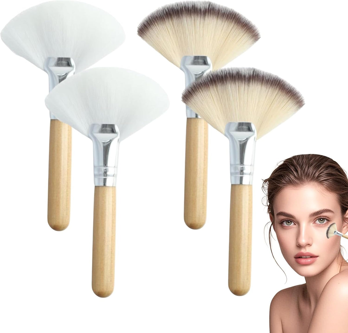 ROBOHOOK 4 piece fluffy facial fan brushes front view showing white and tricolor bristles
