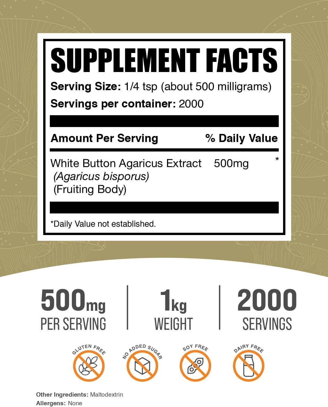 BulkSupplements white button mushroom supplement packaging label details