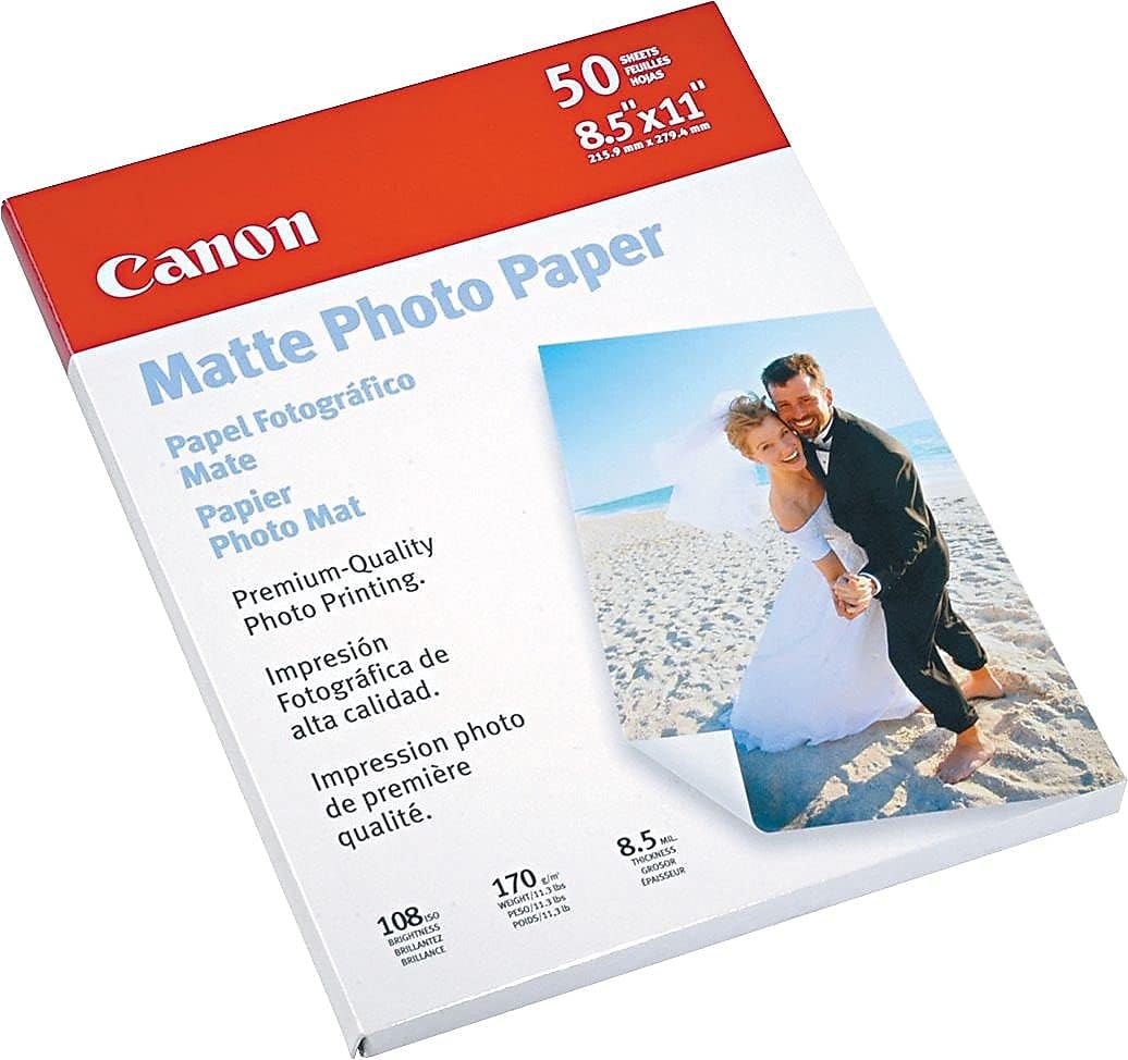 Canon Photo Paper Plus Matte 50 sheet packaging showing size and paper specifications