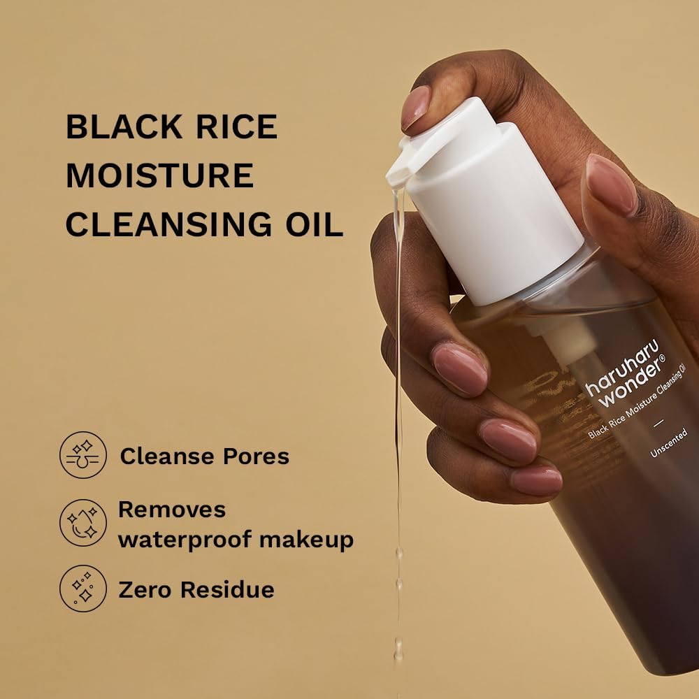 Haruharu Wonder Black Rice Moisture Cleansing Oil 150ml bottle for melting makeup.