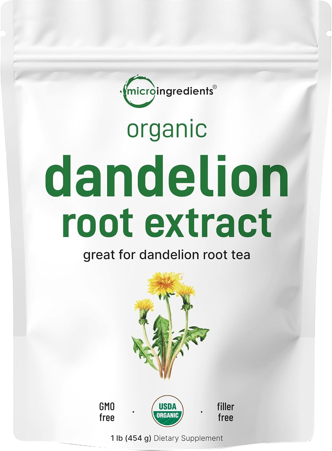 Micro Ingredients organic dandelion root extract powder front view pouch