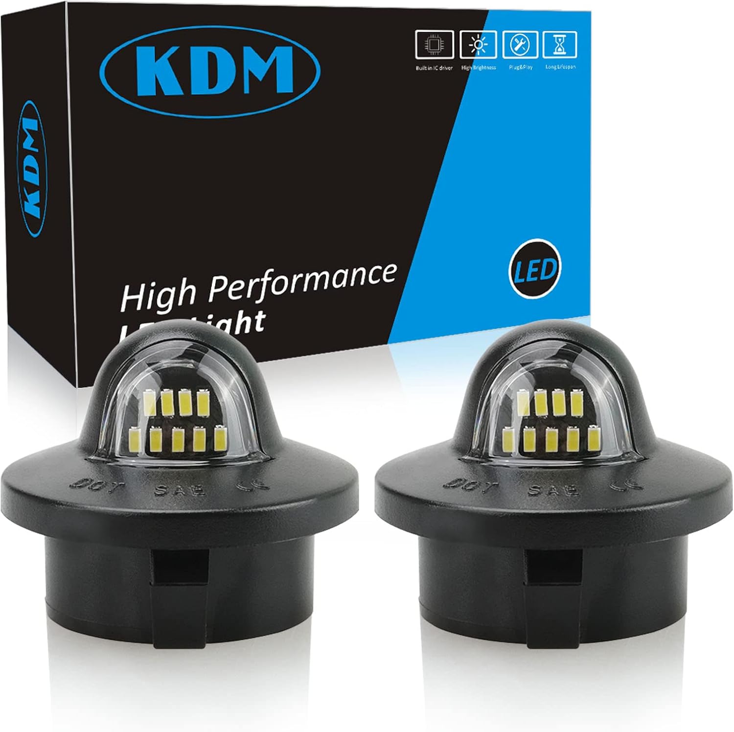 KDM LED License Plate Lights front view showing the dual pack of 6000K white rear tag lamps.