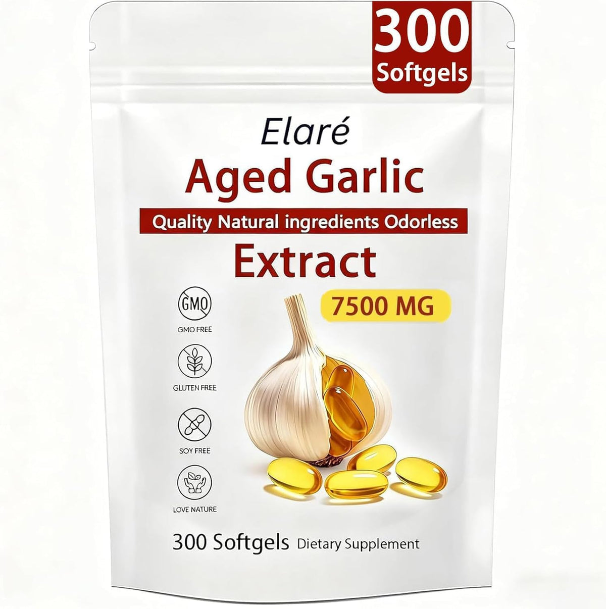 YLOTRE Elare Aged Garlic Extract 7500mg 300 softgels bottle front view for heart health support