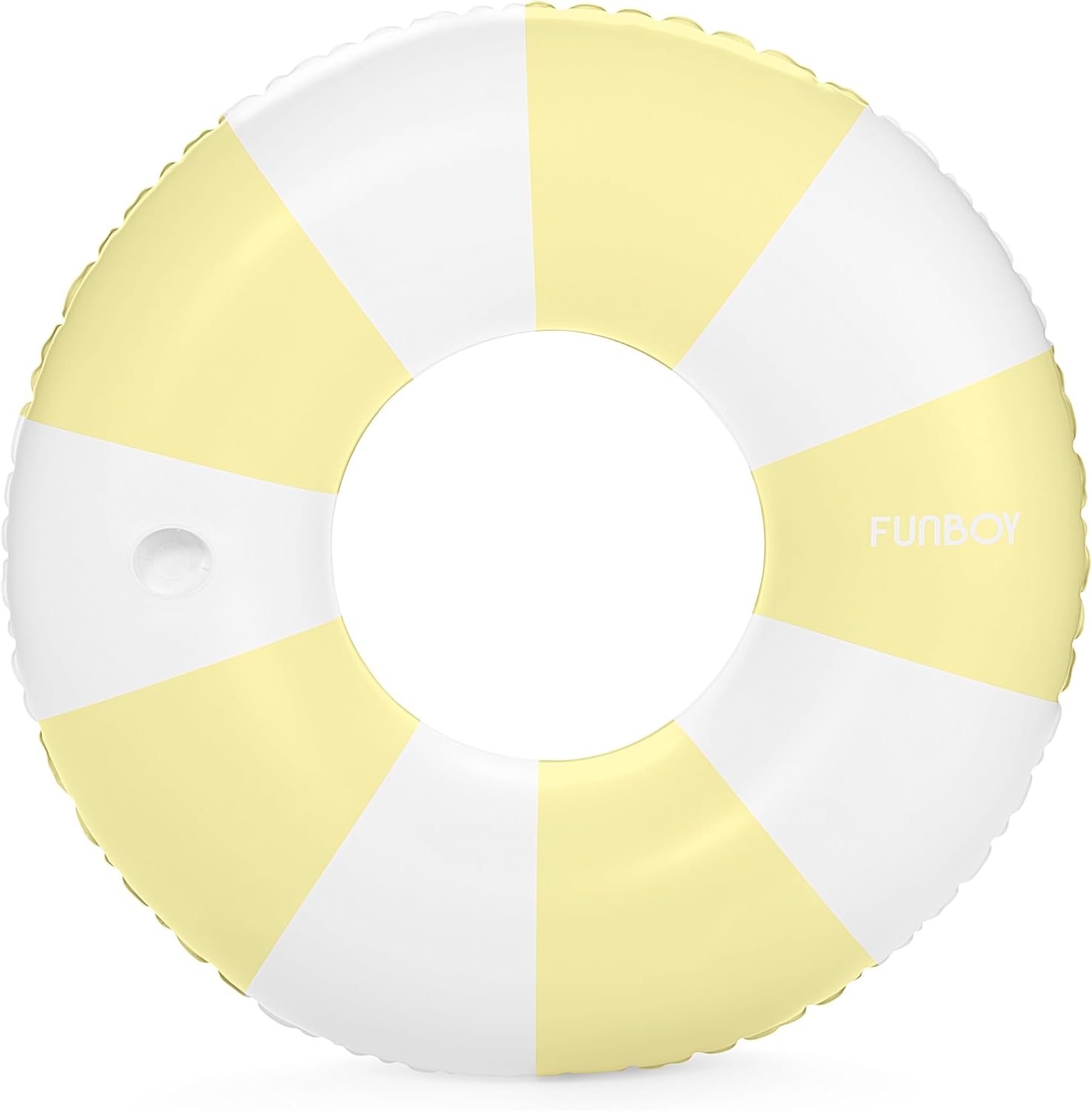 FUNBOY Giant Vintage Yellow Stripe Inflatable Tube Pool Float front view featuring classic yellow and white retro design.