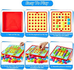 Close-up of child snapping a green button into the frog pattern template card.
