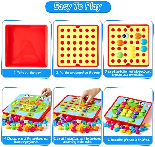 Close-up of child snapping a green button into the frog pattern template card.