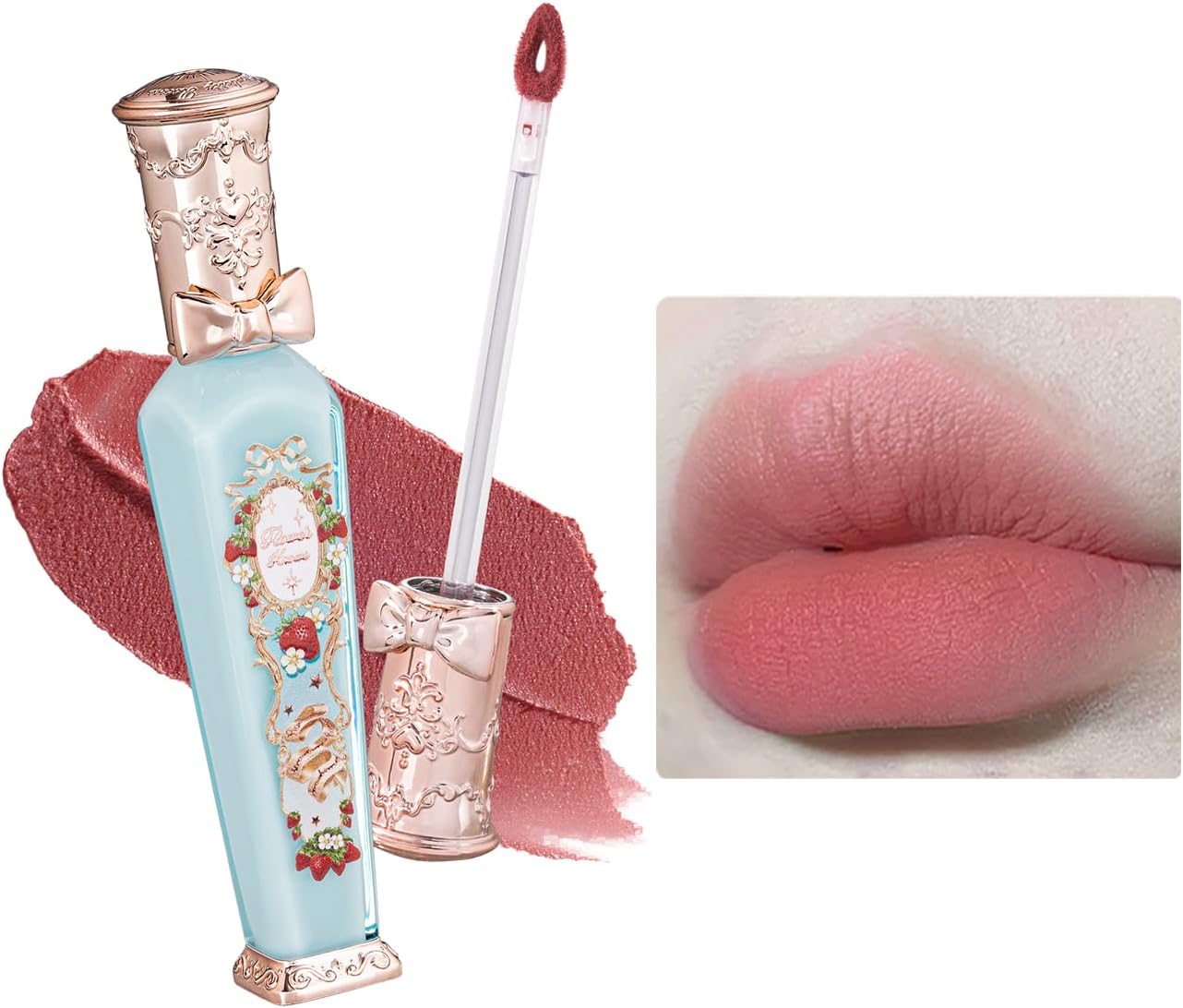 Flower Knows Strawberry Rococo Cloud Lip Cream front view showing the vintage light blue perfume bottle packaging