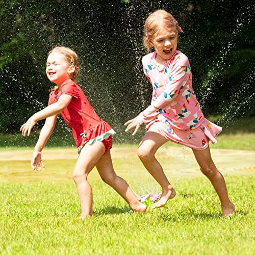Kids outdoor water toy with standard garden hose attachment connected to a lawn sprinkler.