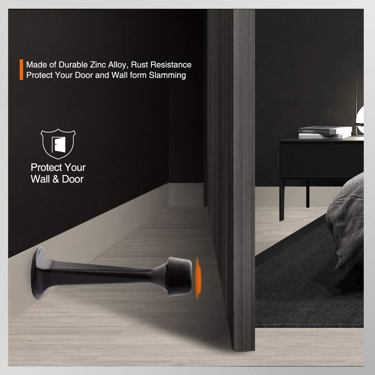 KOVOSCH matte black door stopper installed on baseboard