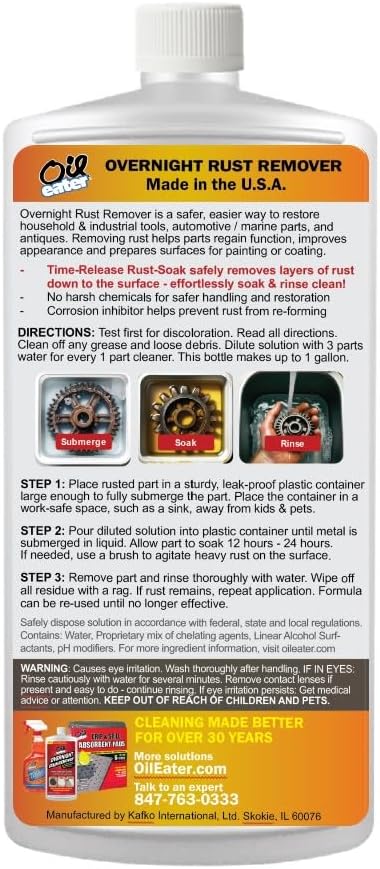 Oil Eater rust remover bottle label showing 1 gallon yield