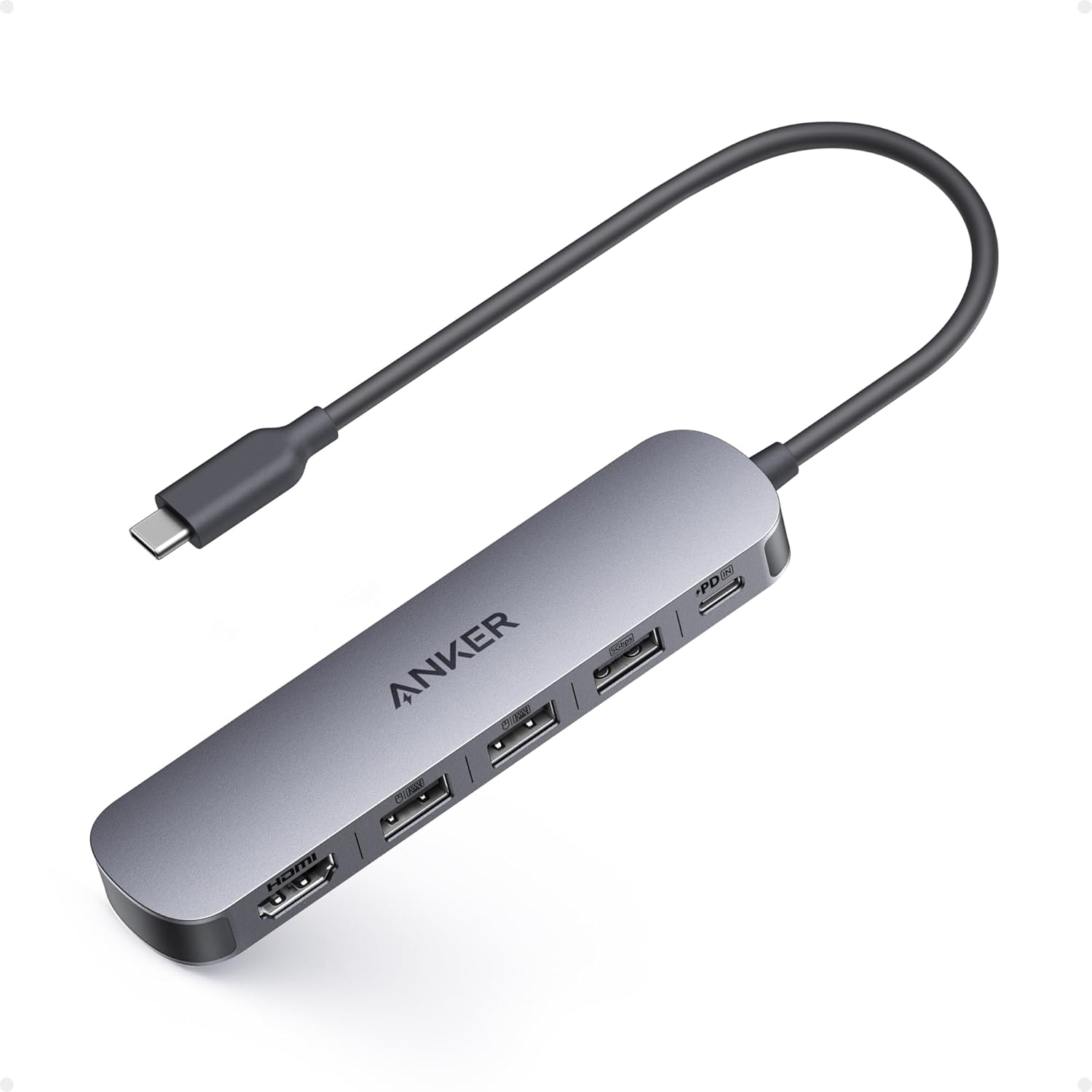 Anker 5-in-1 USB-C Hub front view displaying the premium aluminum metallic gray casing.