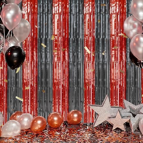 Full packaging view of the 2 pack DECOCKRAT red and black metallic streamer curtains