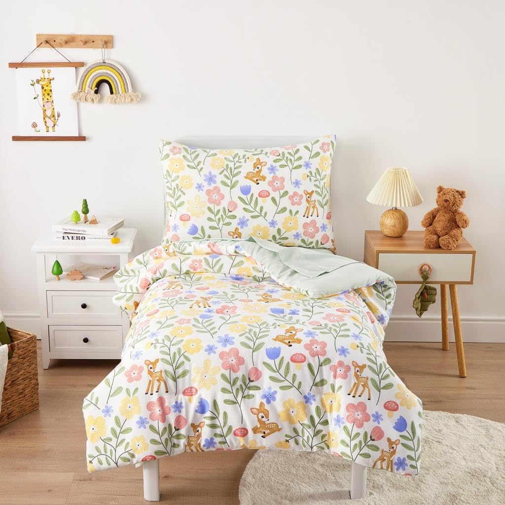 Wake In Cloud floral toddler bedding set front view showcasing botanical print with deers for girls room decor