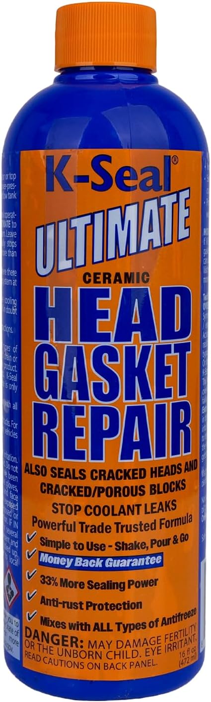 K-Seal ST3501 Pour and Go Head Gasket Sealer front view bottle for permanent engine block repair.