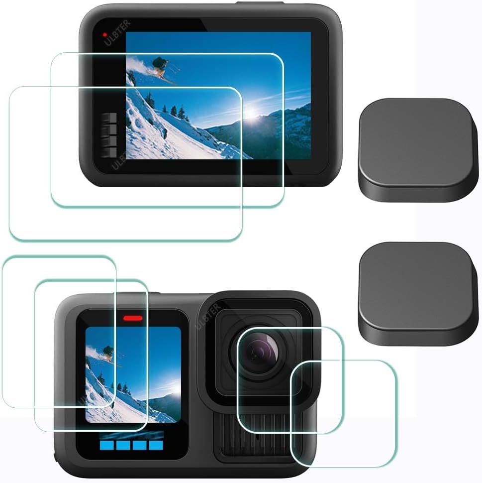 ULBTER tempered glass screen protector kit for GoPro Hero 13 Black showing the complete pack contents including front and rear display covers.