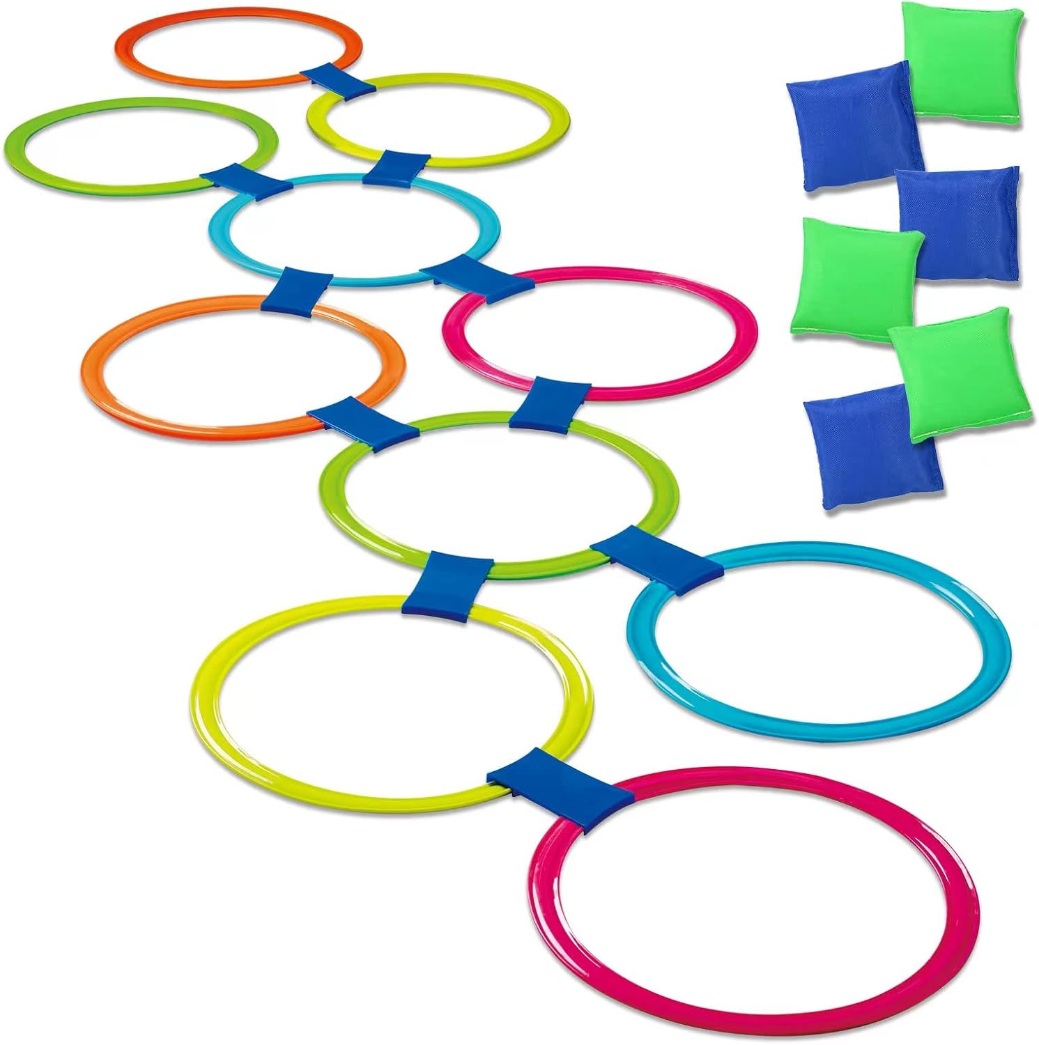 Goodlysports 2-in-1 hopscotch and bean bag toss game set with colorful rings