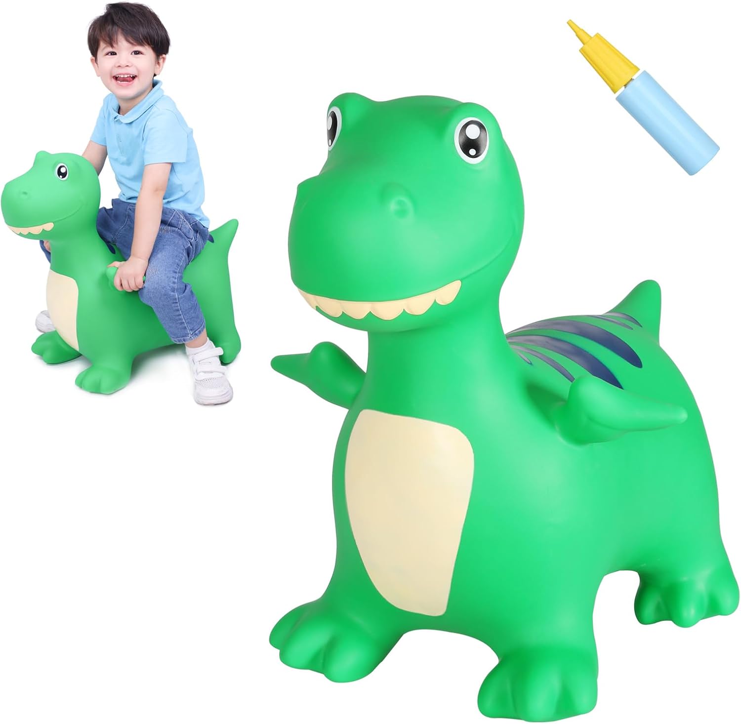 INPANY Kids Bouncy Dinosaur Hopper Toy front view of green inflatable ride on animal bouncer for toddlers.