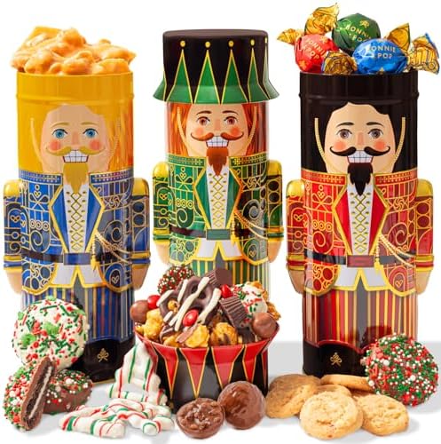 Bonnie and Pop Christmas Gift Baskets front view of three nutcracker shaped tins filled with chocolates