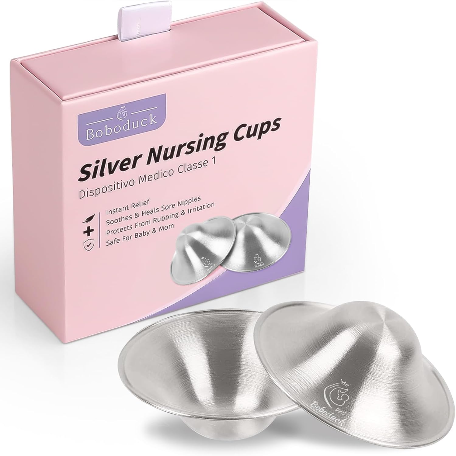 Boboduck 925 silver nursing cups front view for breastfeeding