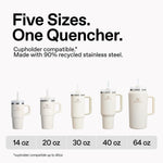 Stanley stainless steel tumbler showing FlowState three-position rotating lid