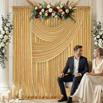 Two pieces of two feet by eight feet gold glitter curtains arranged for party decoration