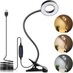 LuxLumin LED desk lamp with clamp front view highlighting the black circular ring light head