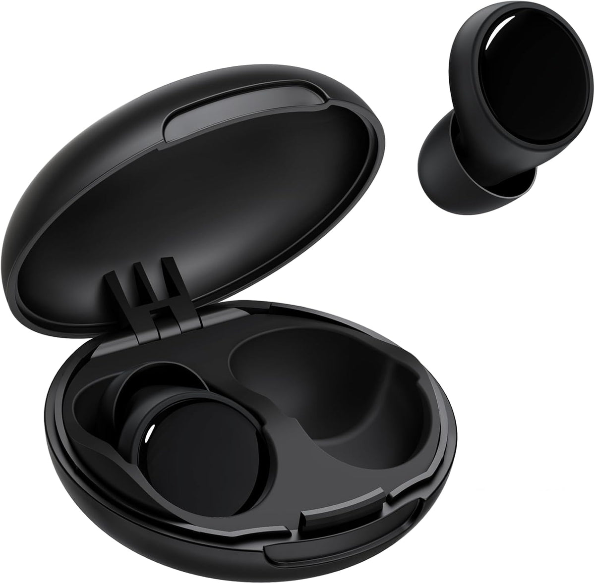 Loop Quiet 2 Noise Reducing Ear Plugs front view in matte black finish with compact storage carry case.