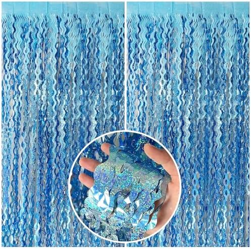 Two pack metallic wavy foil fringe curtains installed as a party photo booth background