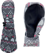 L-Bow girls heart grey long gauntlet winter mitten front view snow gear