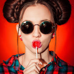 Fat free and peanut free gourmet lollipops in vibrant multicolor swirl