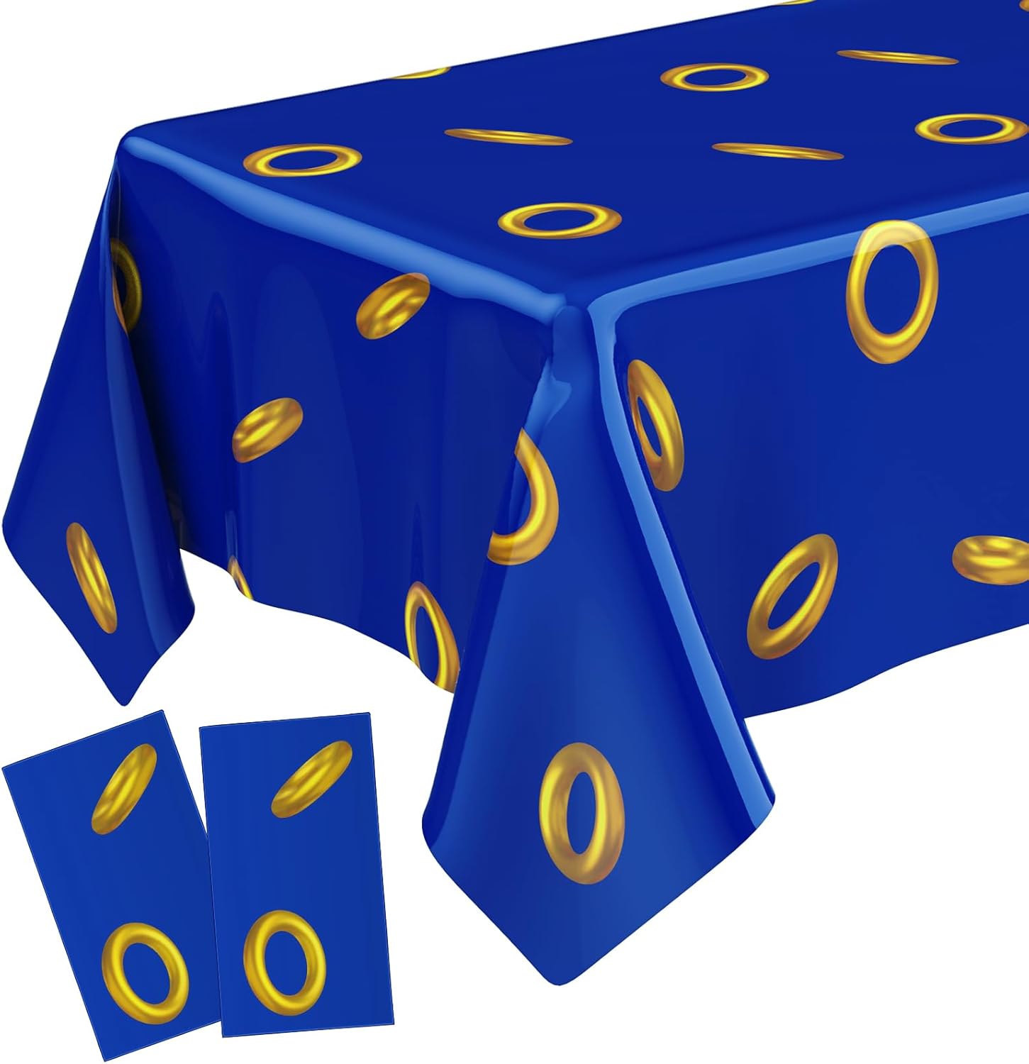 Simaya blue and gold ring cartoon hedgehog themed birthday party plastic tablecloth front view