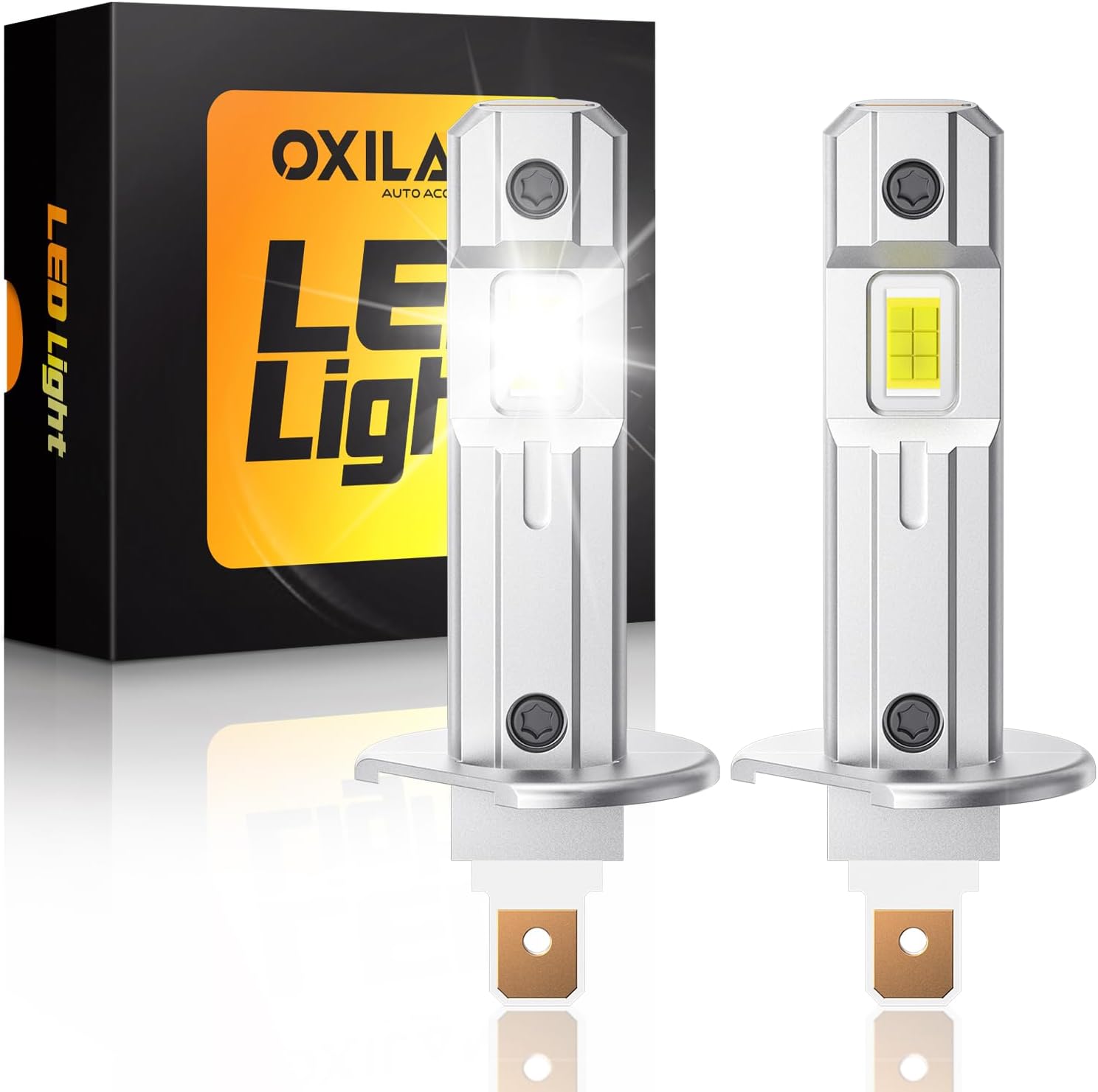 OXILAM H1 H1LL LED headlight bulbs front view showing compact premium aviation grade aluminum housing