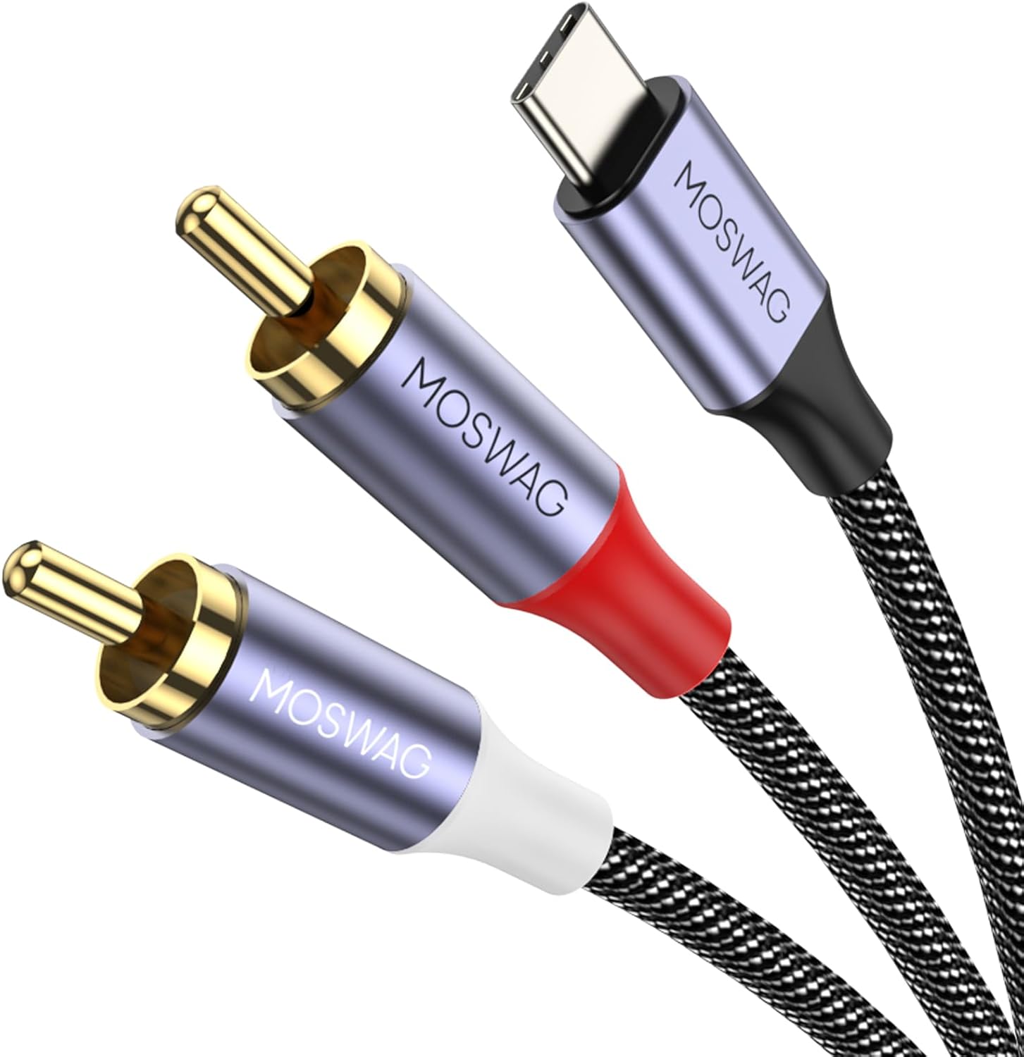 Moswag USB C to 2 RCA audio cable front view showing connectors.