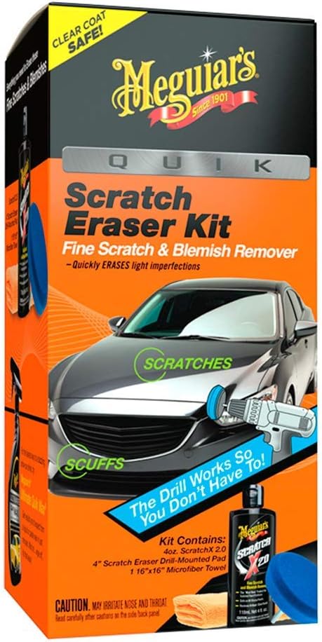 Meguiar's G190200Eu Quik Scratch Eraser Kit front view showing the box packaging, compound bottle, drill pad, and microfiber cloth.