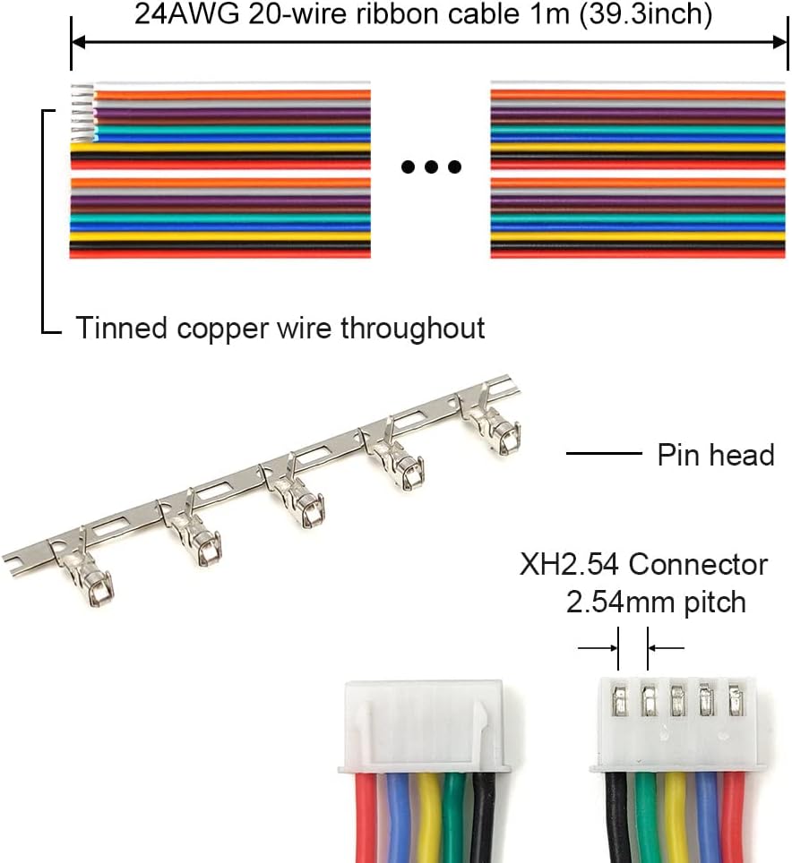 Close-up view of the 24AWG multicolored ribbon cable and pin heads.