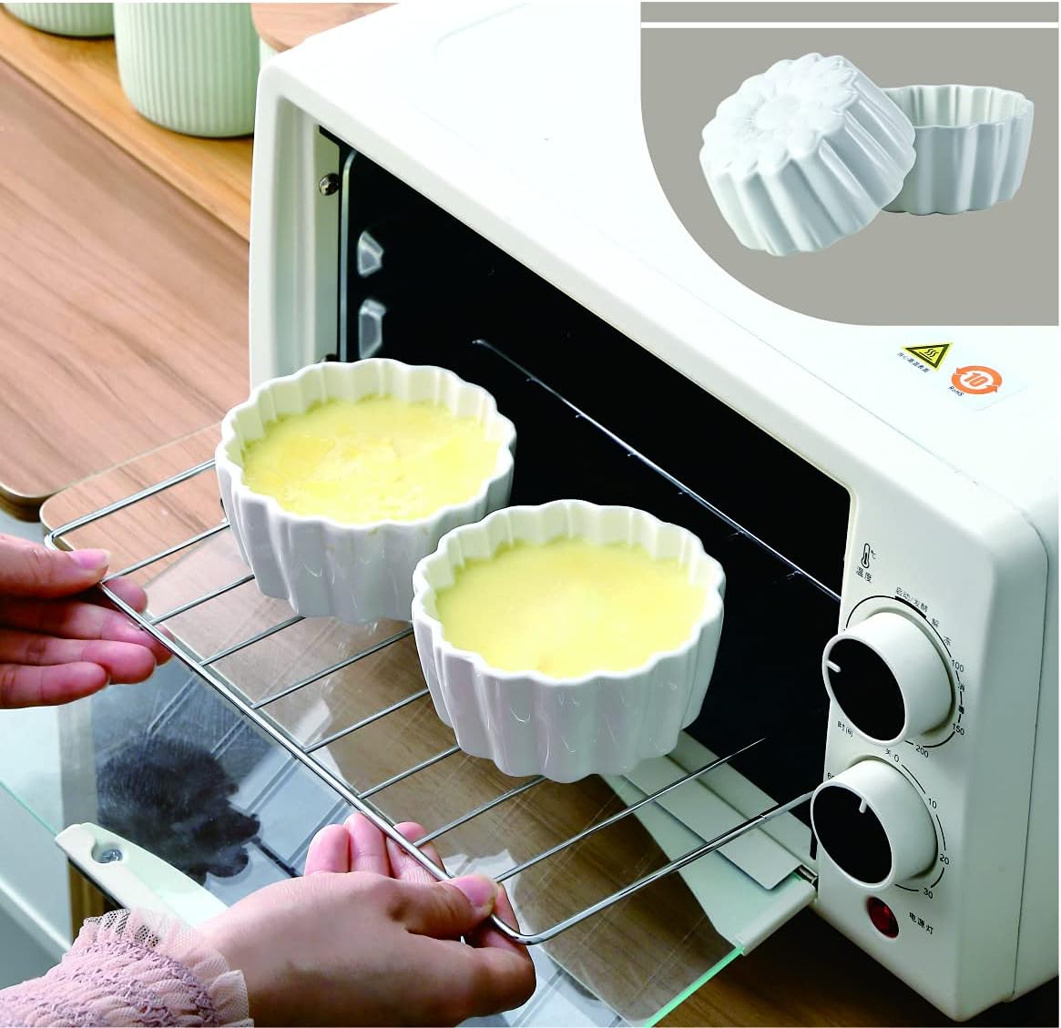 Oven safe creme brulee cups on a kitchen counter