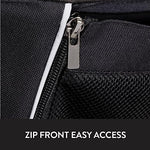 Close up view of the Evenflo storage bag showcasing the dual access chrome zipper and the alternate magnetic closure side.