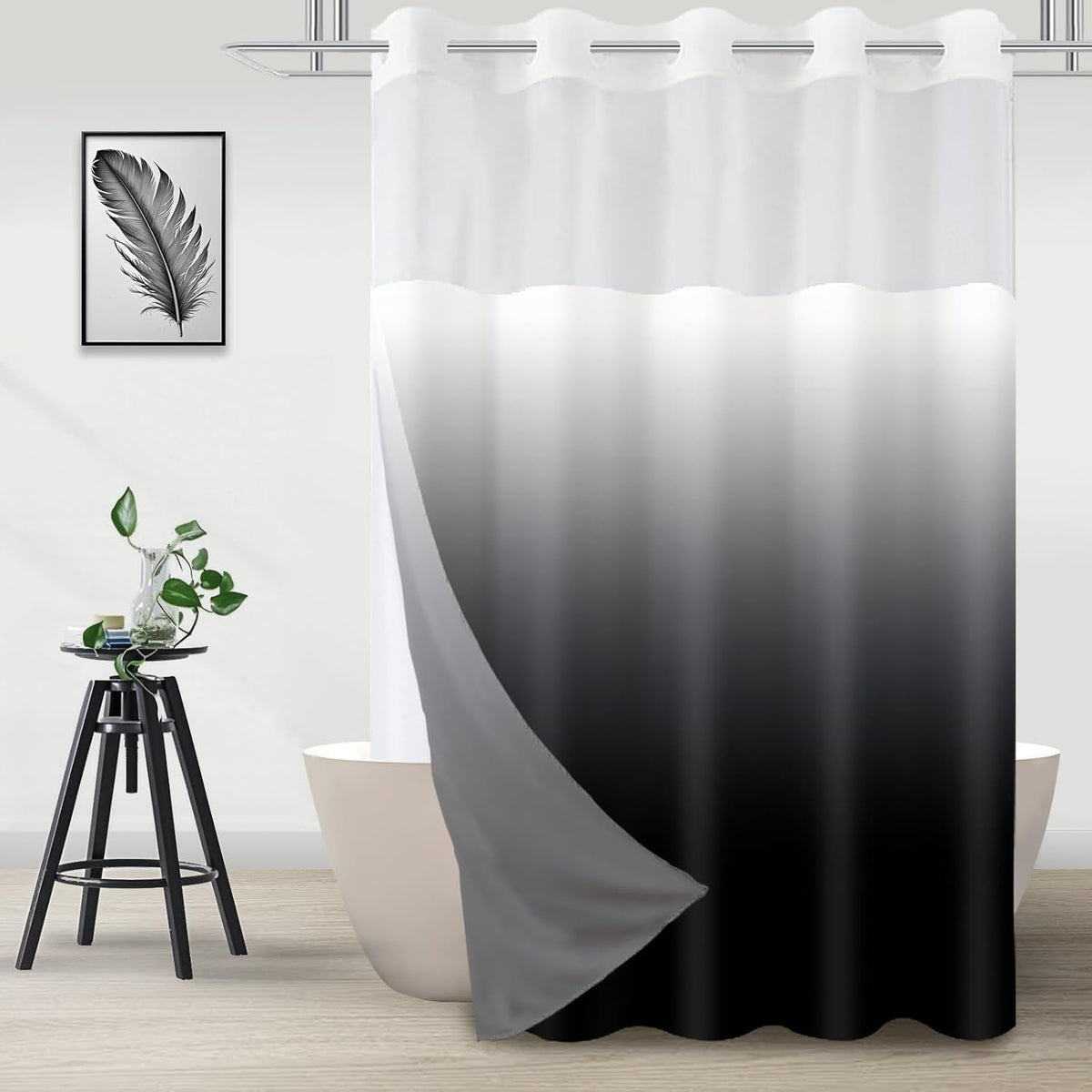 TWLSNCD no hook ombre black shower curtain set front view showcasing the gradient transition from black to white in a modern bathroom.