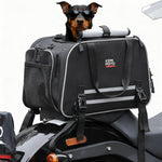 KEMIMOTO motorcycle dog carrier mounted securely on the passenger seat of a touring motorcycle