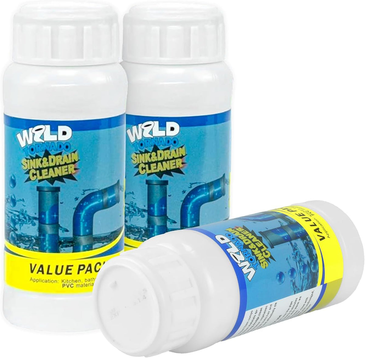 WYH Wild Tornado Sink and Drain Cleaner 3 bottle pack front view pipe dredge powder.