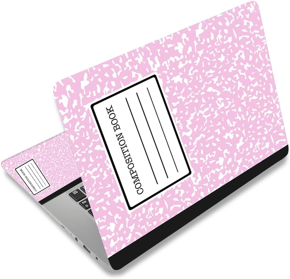 ToLuLu laptop skin sticker decal front view featuring pink composition book design on a closed notebook computer