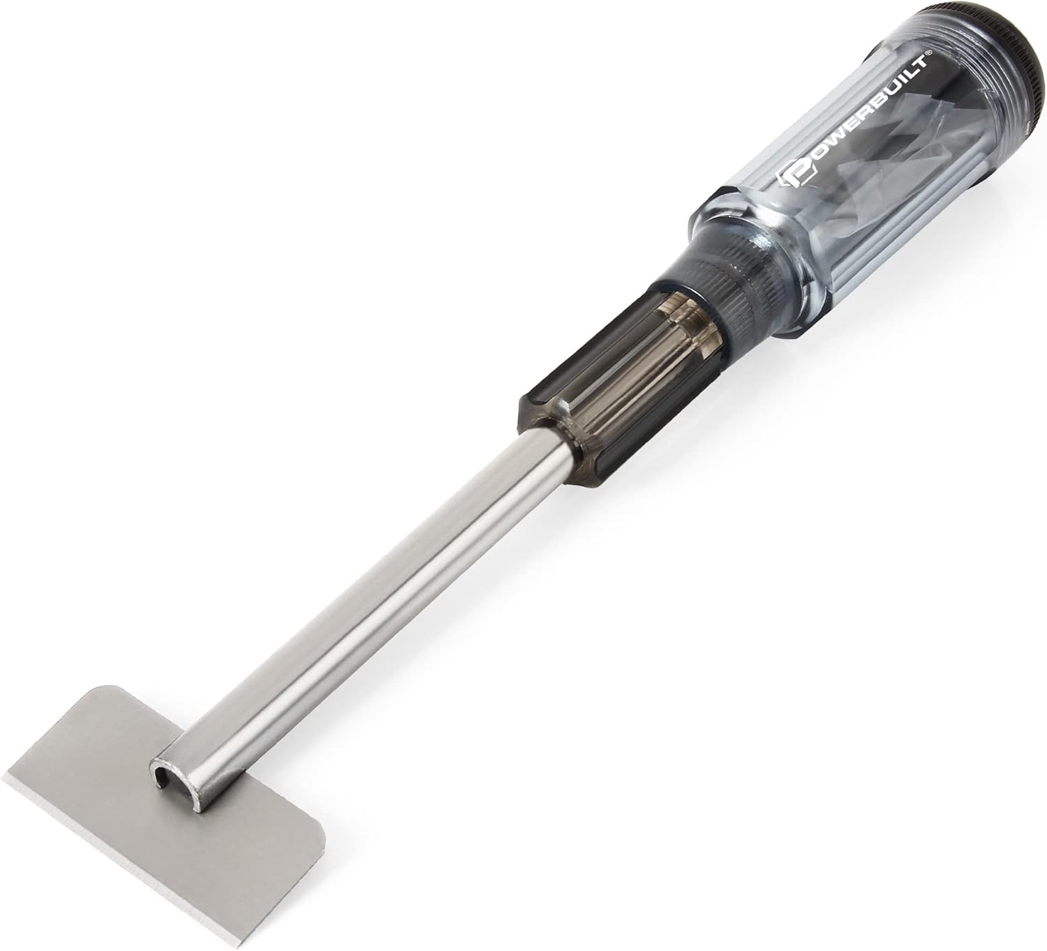 Powerbuilt wide blade gasket scraper tool set front view showing clear storage handle and hardened steel blade