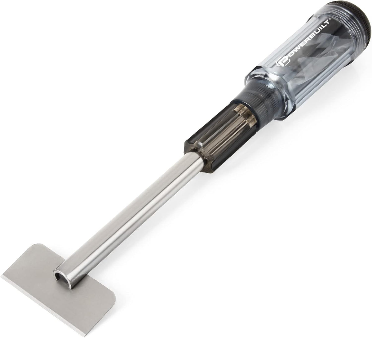 Powerbuilt wide blade gasket scraper tool set front view showing clear storage handle and hardened steel blade