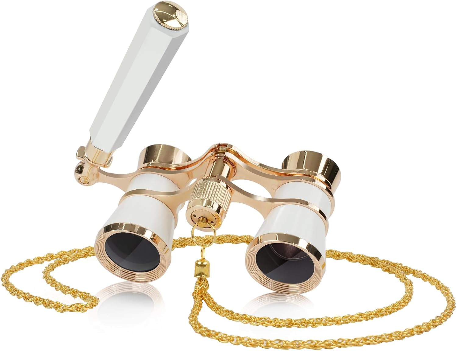 BOSTRON theater glasses binoculars front view showing vintage white and gold design with handle.