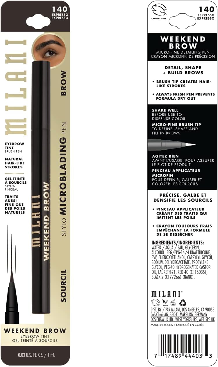 Smudge resistant liquid eyebrow tint packaging by Milani Cosmetics