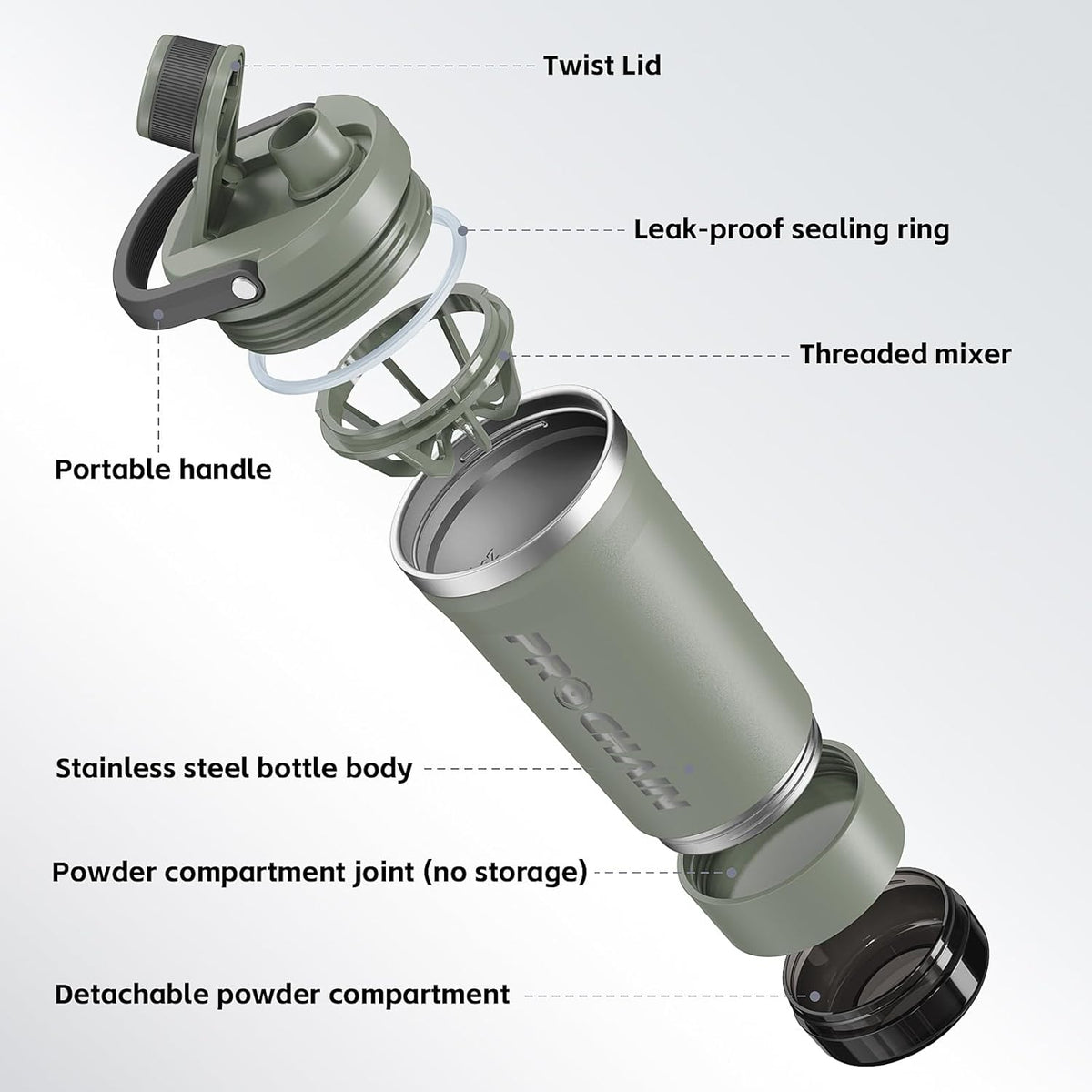 Prochain workout shaker bottle engraved internal measurement markings