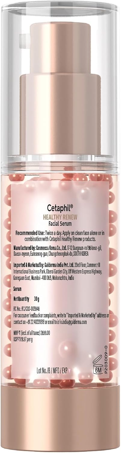 Cetaphil Healthy Renew facial serum texture closeup showing suspended beads