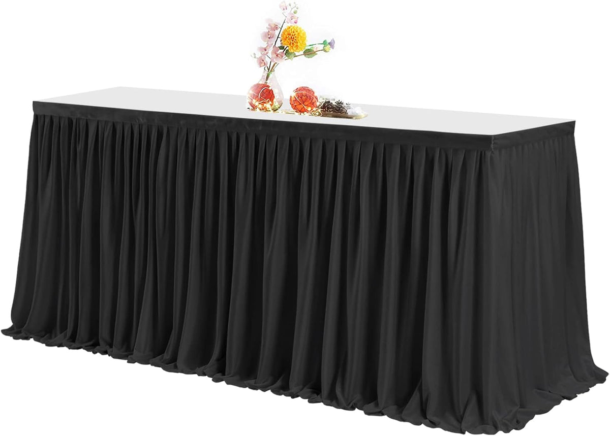 Partisky black polyester rectangle table skirt front view event decor